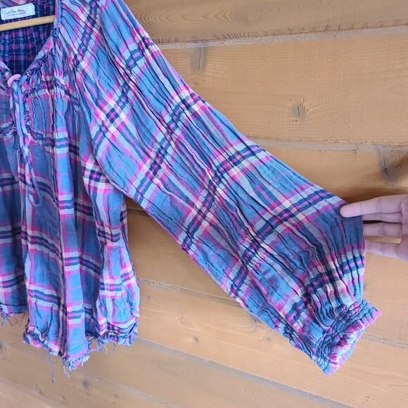 Free People Cloudbreaker Plaid Tunic Oversized Lace Up Pullover Blue Pink Medium - Picture 5 of 6